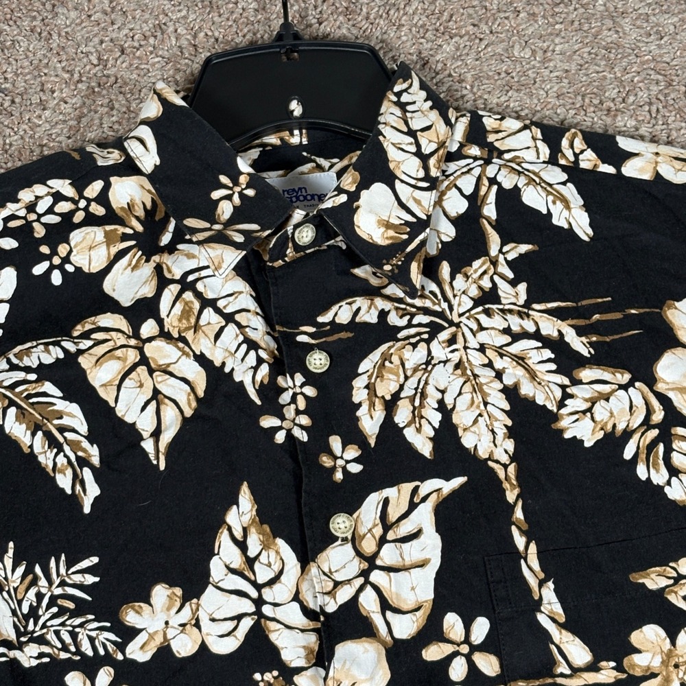 Reyn Spooner Mens Hawaiian Shirt M Black Tan Palm Tree Hibiscus Cotton